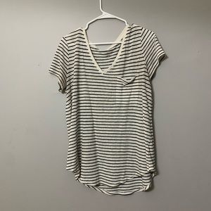 black & white striped V-neck with a front pocket